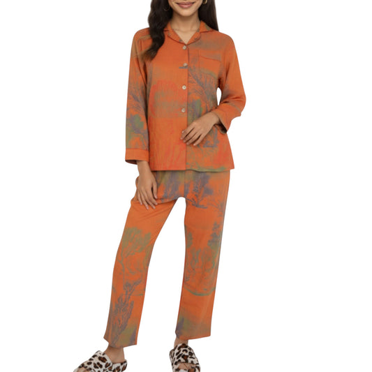 2-Piece Set Long Sleeve Button Front Top and Relaxed Fit Pants Pajama Set with Abstract Print
