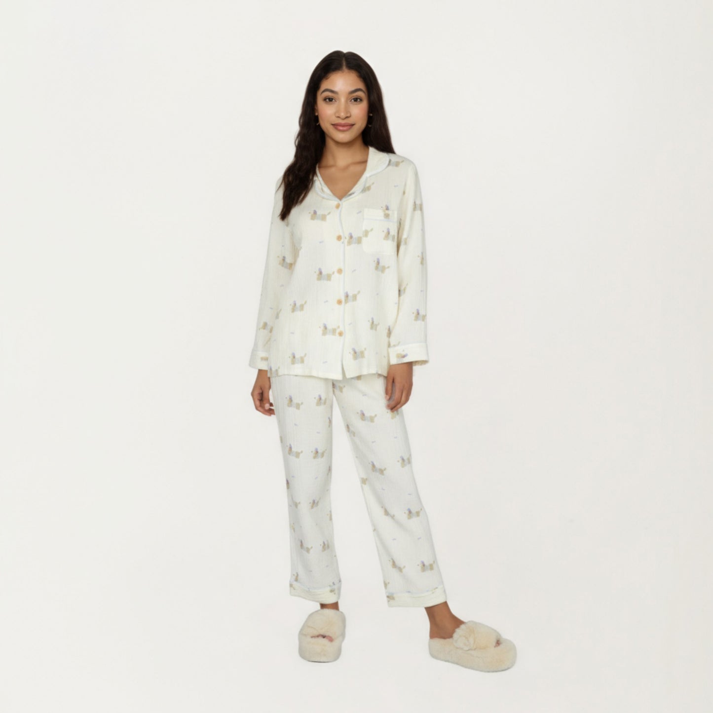 2-Piece Set Long Sleeve Button Front Top and Relaxed Fit Pants Pajama Set with Dog Print