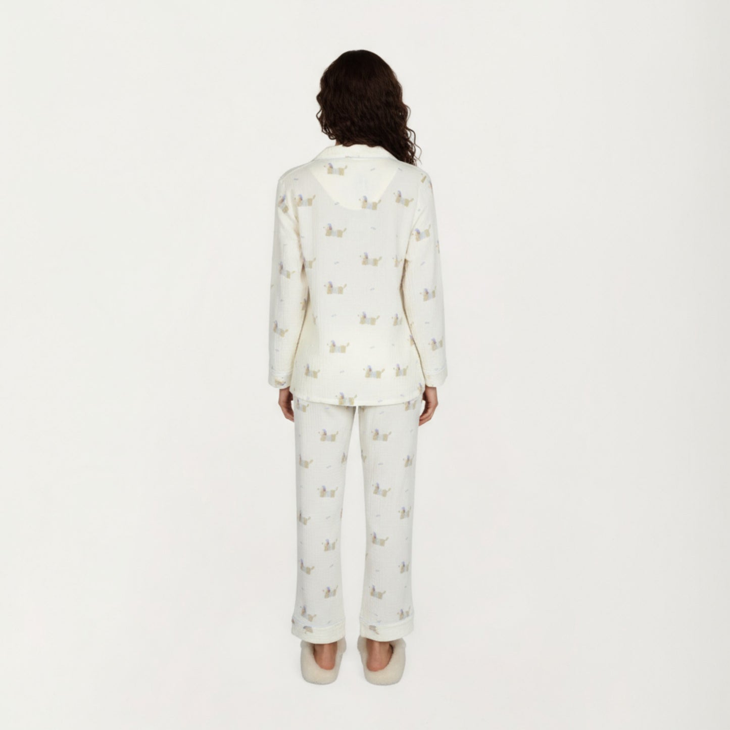 2-Piece Set Long Sleeve Button Front Top and Relaxed Fit Pants Pajama Set with Dog Print