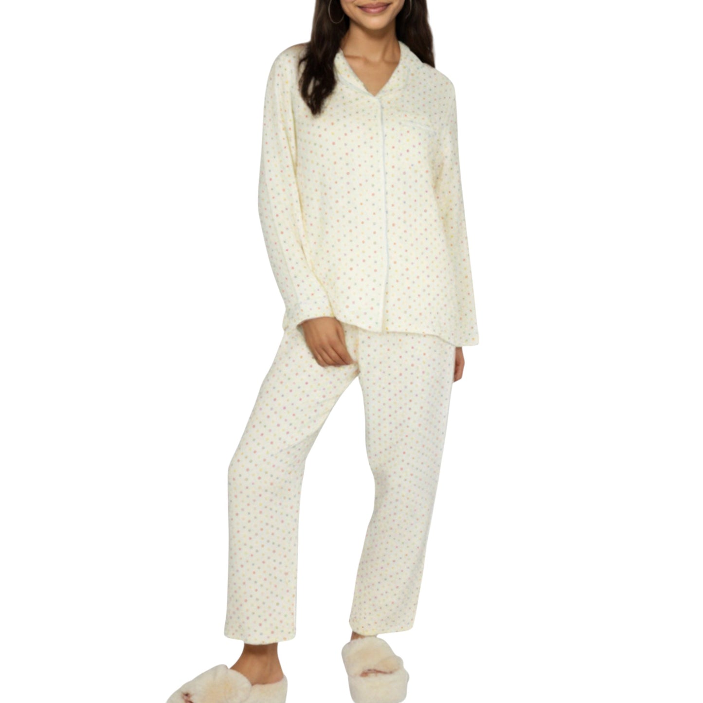 2-Piece Set Long Sleeve Button Front Top and Relaxed Fit Pants Pajama Set with Polka Dot Print