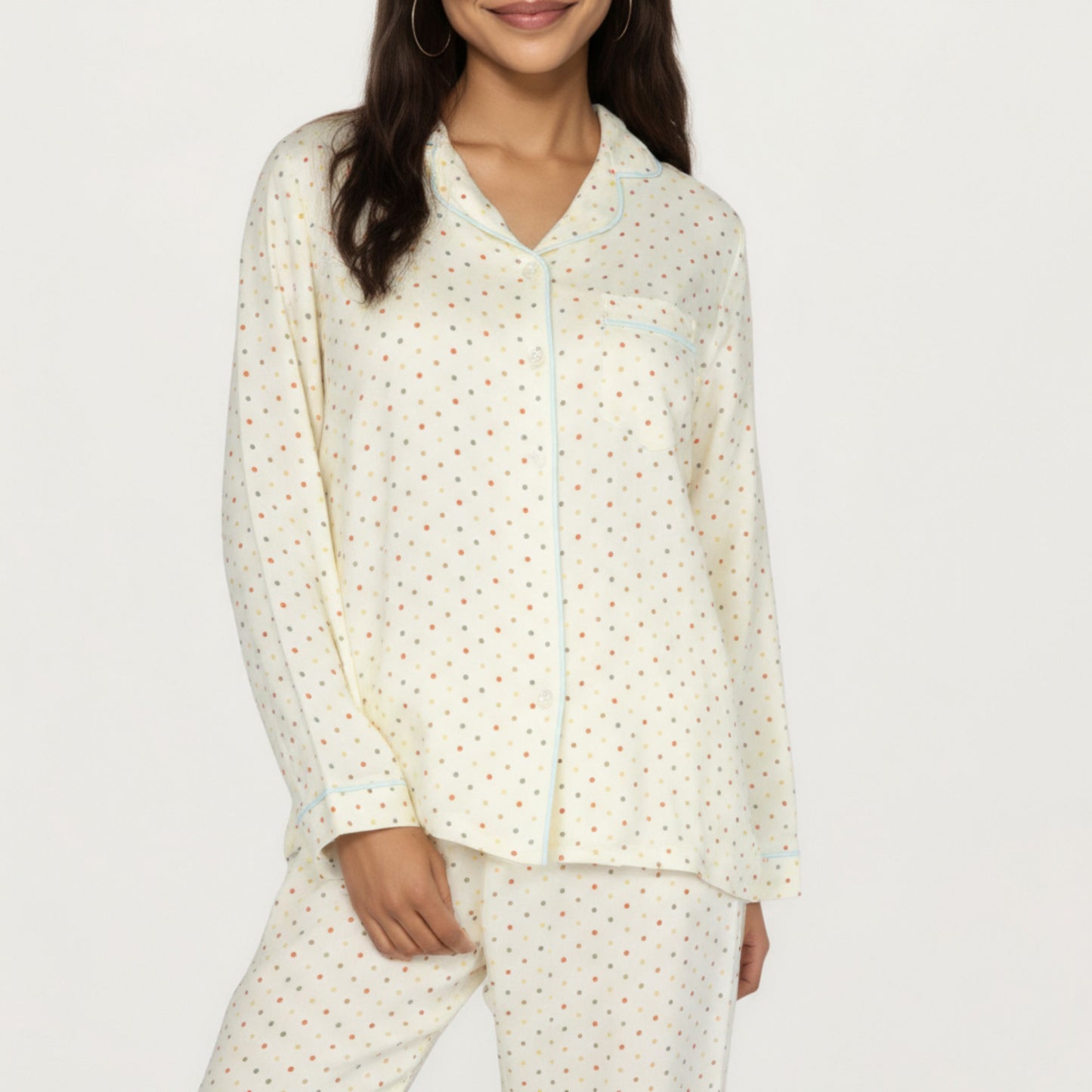 2-Piece Set Long Sleeve Button Front Top and Relaxed Fit Pants Pajama Set with Polka Dot Print