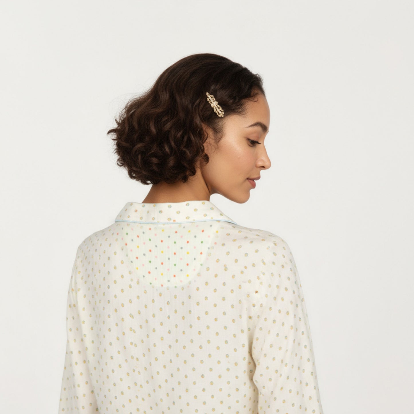 2-Piece Set Long Sleeve Button Front Top and Relaxed Fit Pants Pajama Set with Polka Dot Print