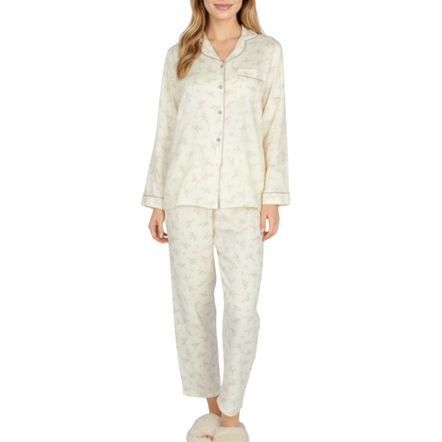 2-Piece Set Long Sleeve Button Front Top and Relaxed Fit Pants Pajama Set with Floral Print