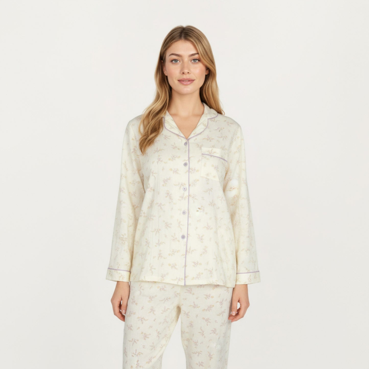 2-Piece Set Long Sleeve Button Front Top and Relaxed Fit Pants Pajama Set with Floral Print