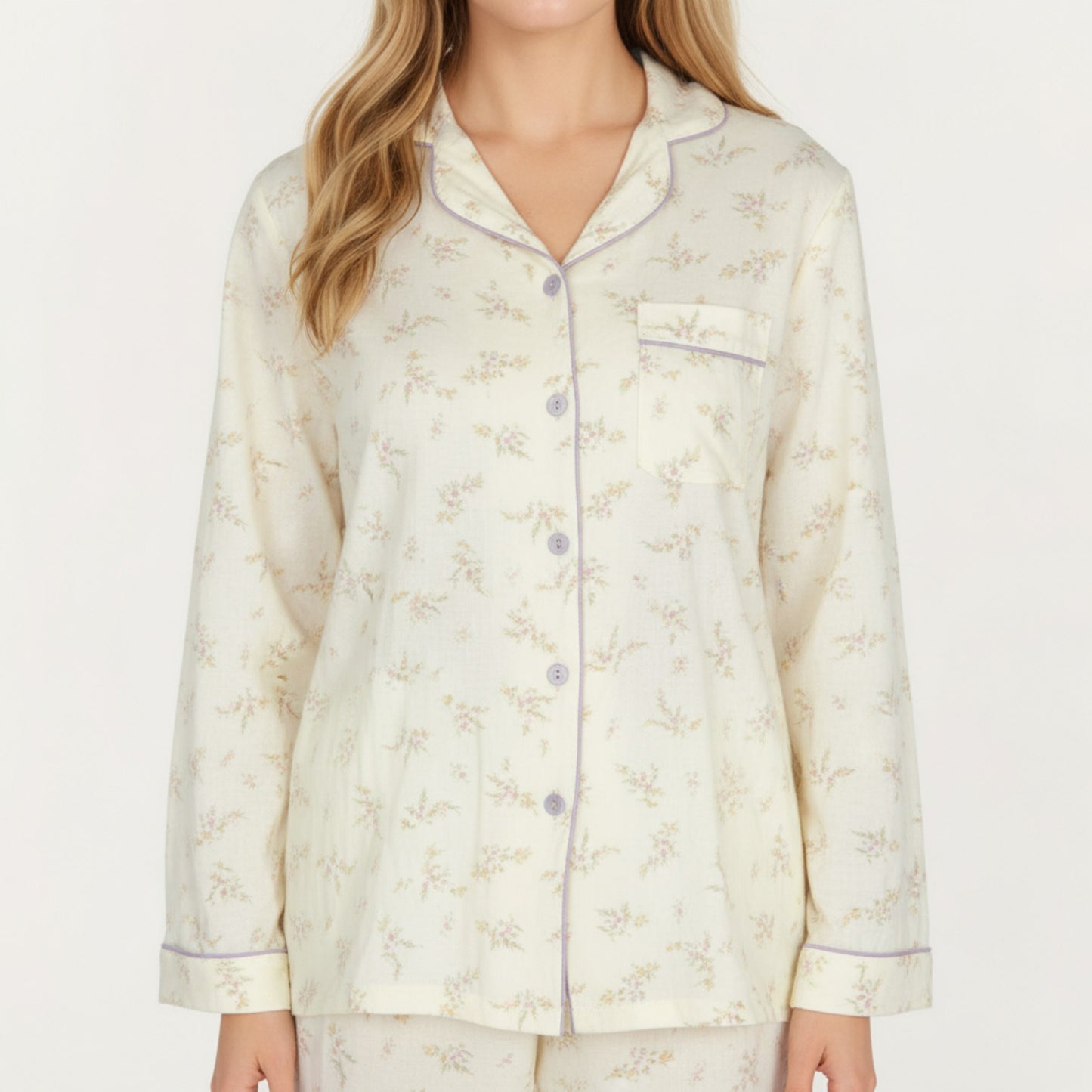 2-Piece Set Long Sleeve Button Front Top and Relaxed Fit Pants Pajama Set with Floral Print