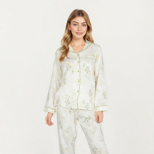 2-Piece Set Long Sleeve Button Front Top and Relaxed Fit Pants Pajama Set with Botanical Print