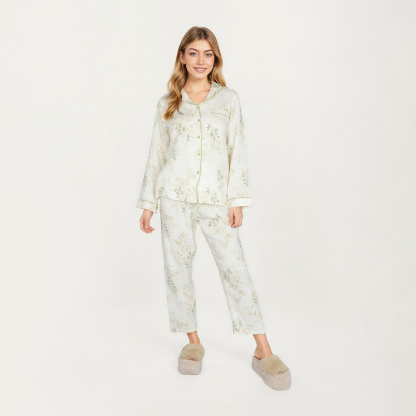 2-Piece Set Long Sleeve Button Front Top and Relaxed Fit Pants Pajama Set with Botanical Print