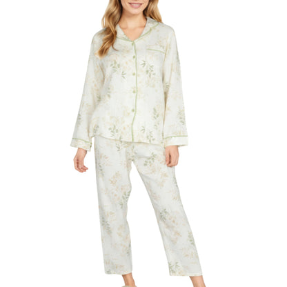 2-Piece Set Long Sleeve Button Front Top and Relaxed Fit Pants Pajama Set with Botanical Print
