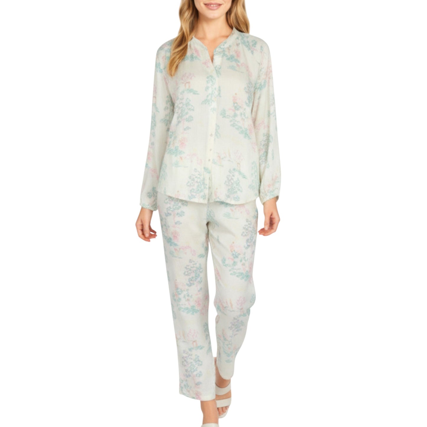 2-Piece Set Long Sleeve Button Front Top and Relaxed Fit Pants Pajama Set with Pastel Print