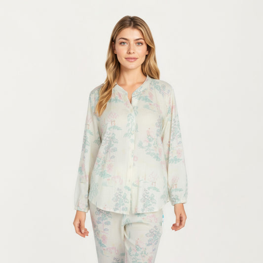 2-Piece Set Long Sleeve Button Front Top and Relaxed Fit Pants Pajama Set with Pastel Print