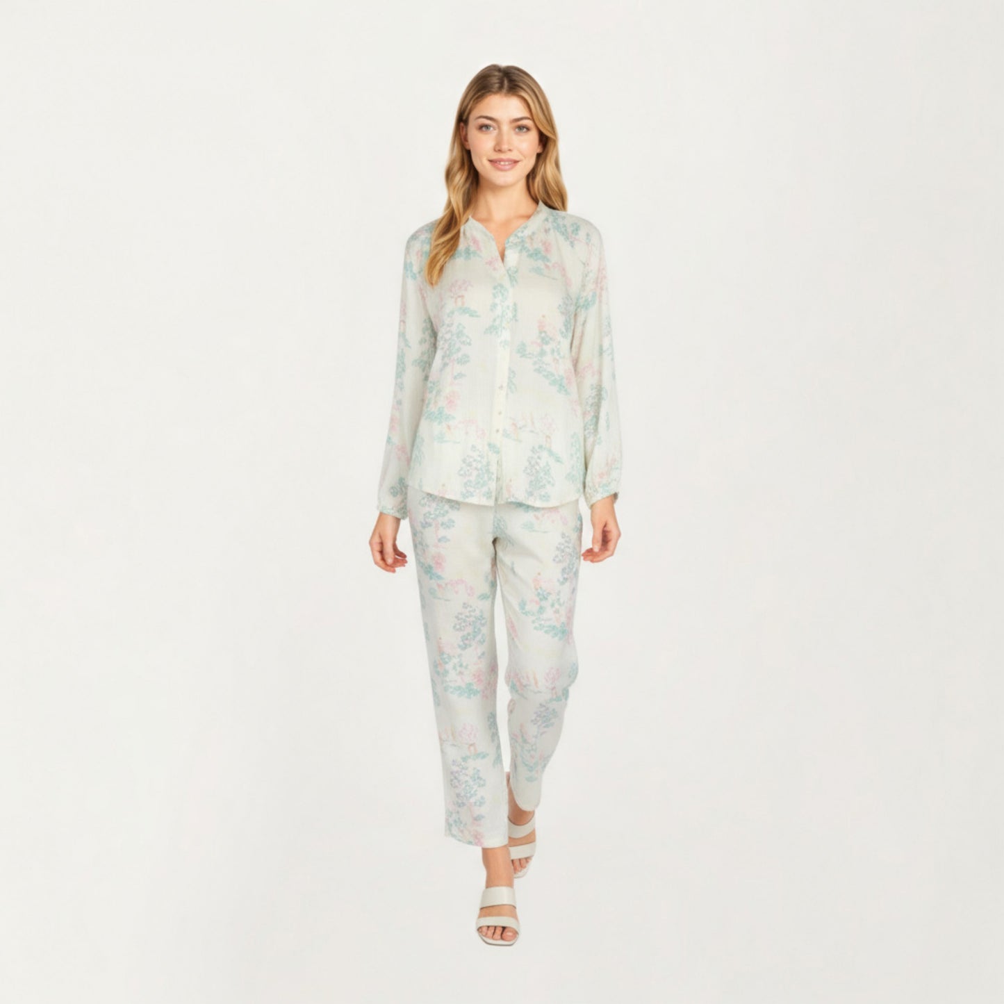 2-Piece Set Long Sleeve Button Front Top and Relaxed Fit Pants Pajama Set with Pastel Print