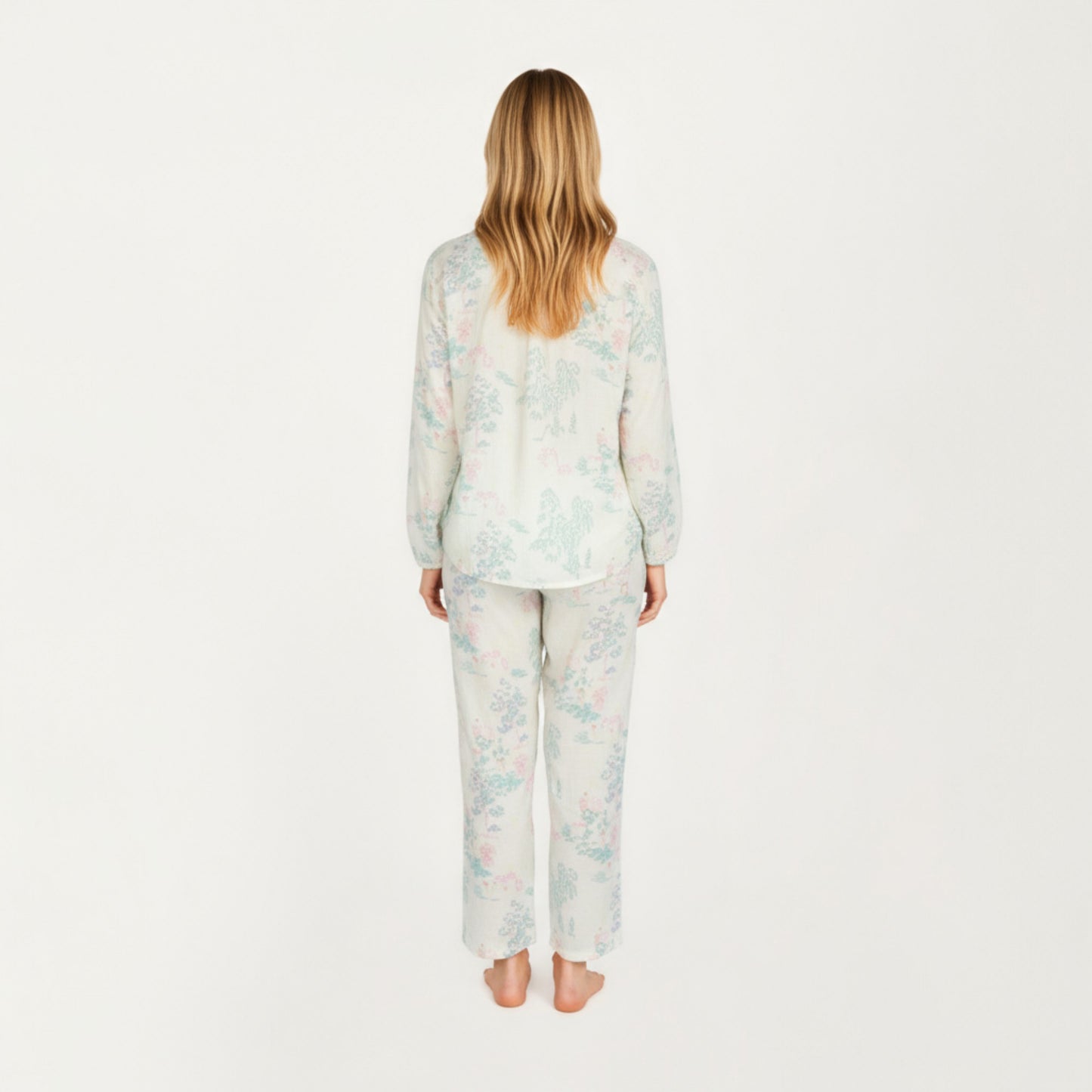 2-Piece Set Long Sleeve Button Front Top and Relaxed Fit Pants Pajama Set with Pastel Print