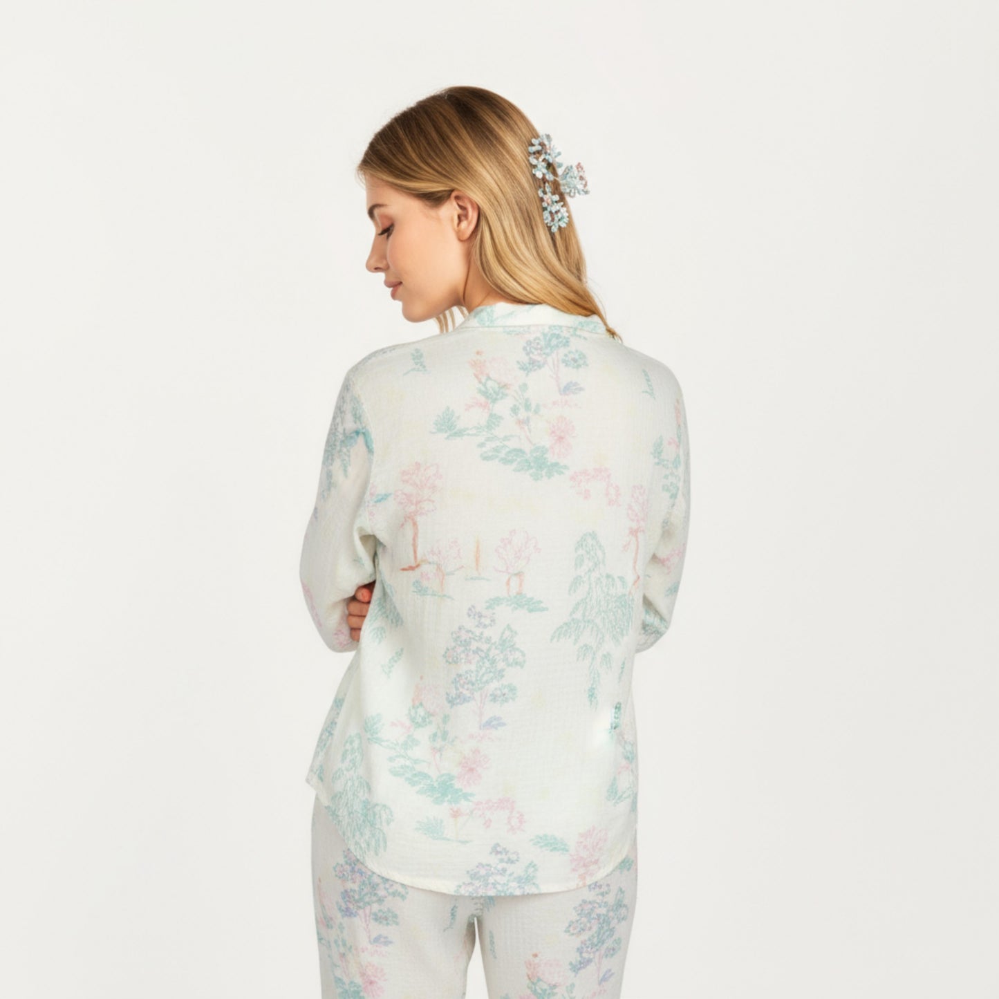 2-Piece Set Long Sleeve Button Front Top and Relaxed Fit Pants Pajama Set with Pastel Print