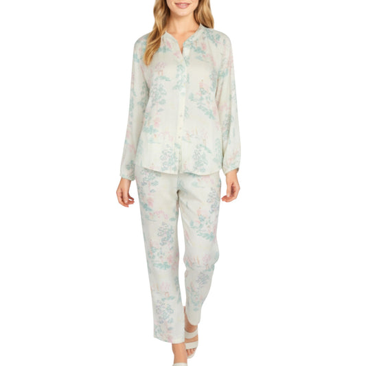 2-Piece Set Long Sleeve Button Front Top and Relaxed Fit Pants Pajama Set with Pastel Print