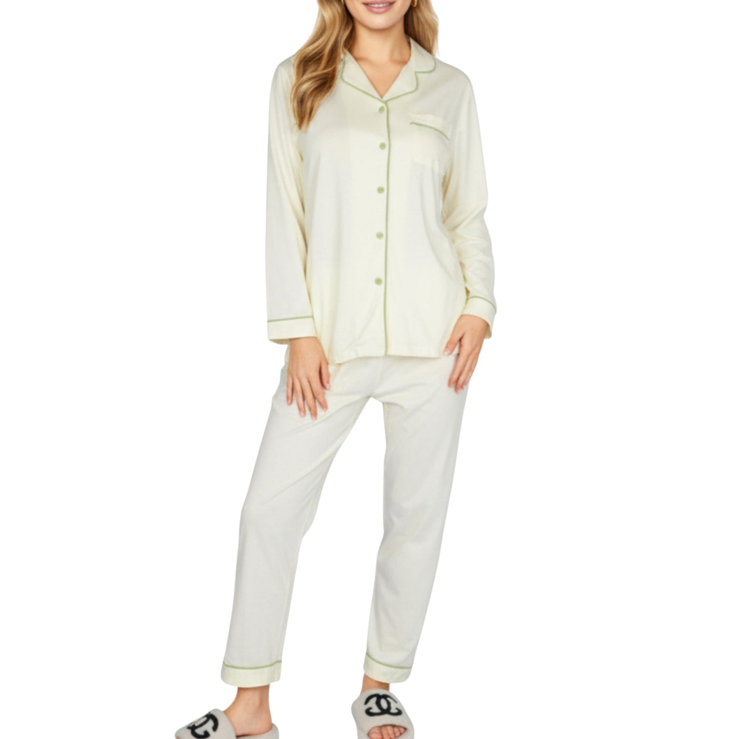 2-Piece Set Long Sleeve Button Front Top and Matching Relaxed Fit Pants Pajama Set with Contrast Piping