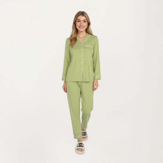 2-Piece Set Long Sleeve Button Front Top and Matching Relaxed Fit Pants Pajama Set with Contrast Piping