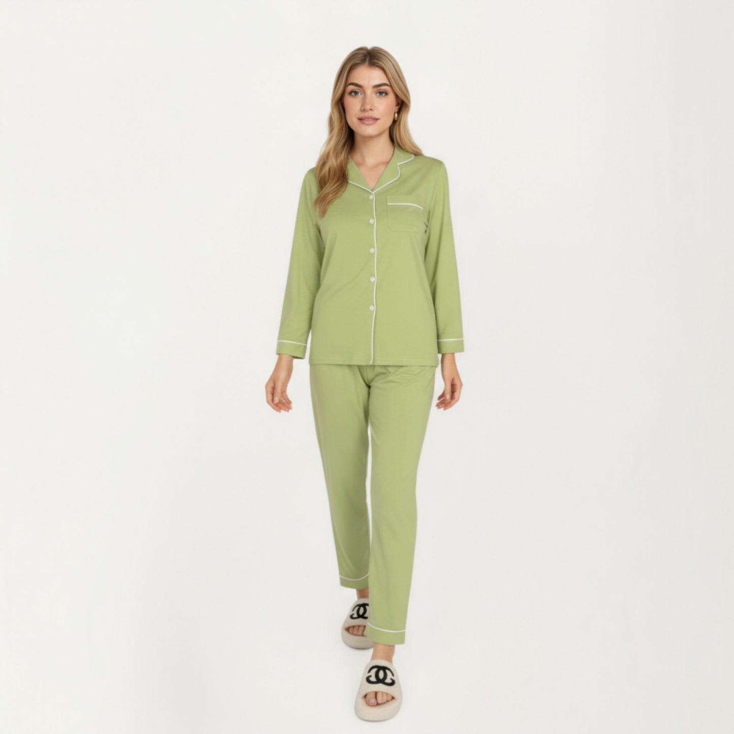 2-Piece Set Long Sleeve Button Front Top and Matching Relaxed Fit Pants Pajama Set with Contrast Piping