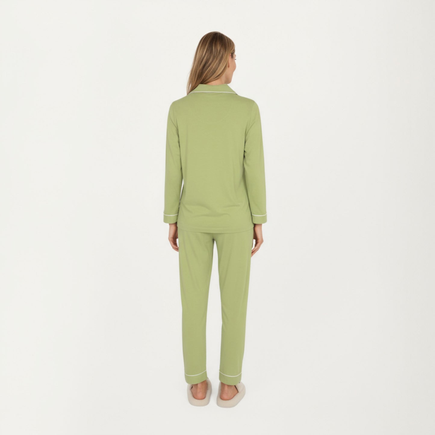 2-Piece Set Long Sleeve Button Front Top and Matching Relaxed Fit Pants Pajama Set with Contrast Piping
