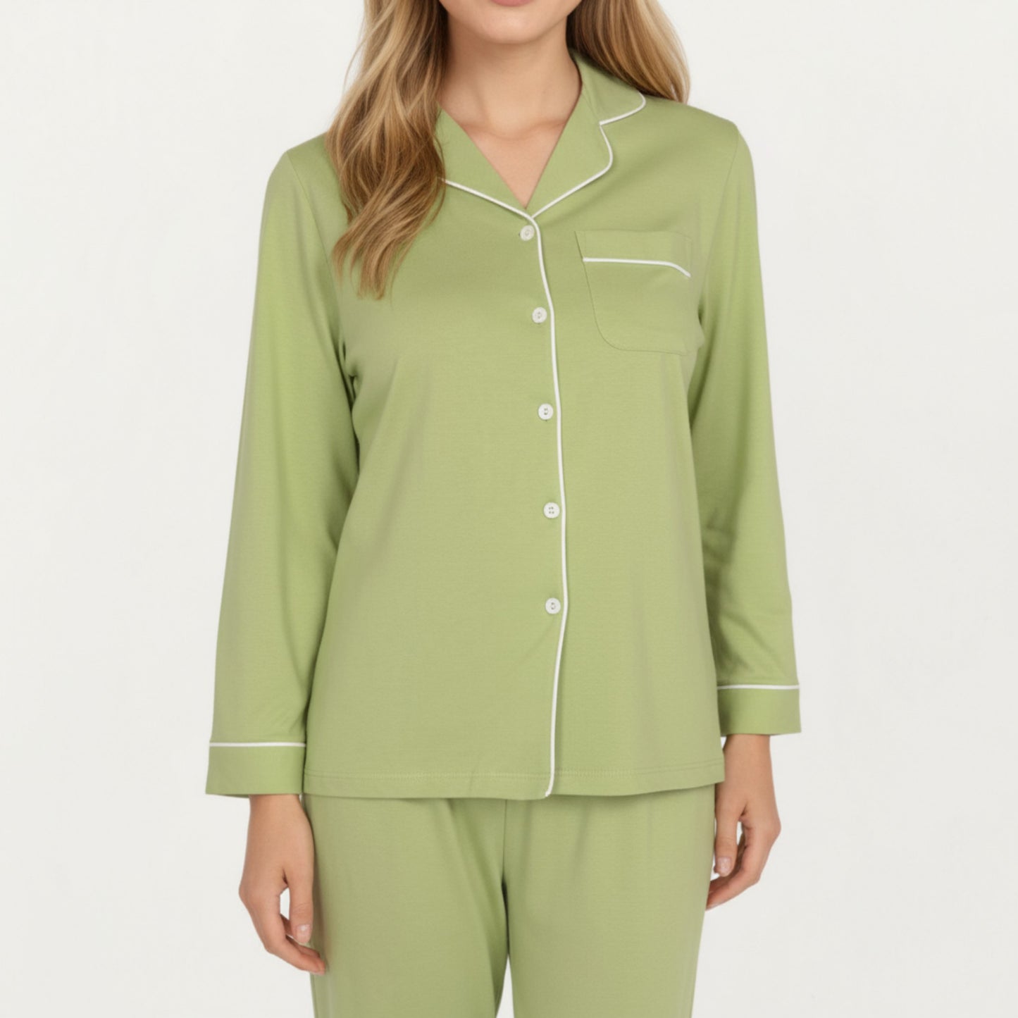 2-Piece Set Long Sleeve Button Front Top and Matching Relaxed Fit Pants Pajama Set with Contrast Piping