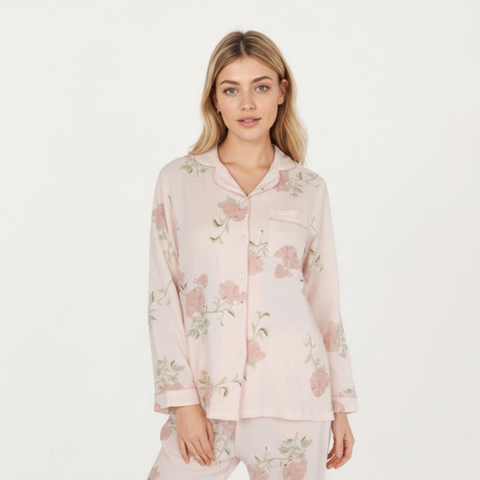 2-Piece Set Long Sleeve Button Front Pajama Top with Matching Relaxed Fit Pants Floral Print Sleepwear