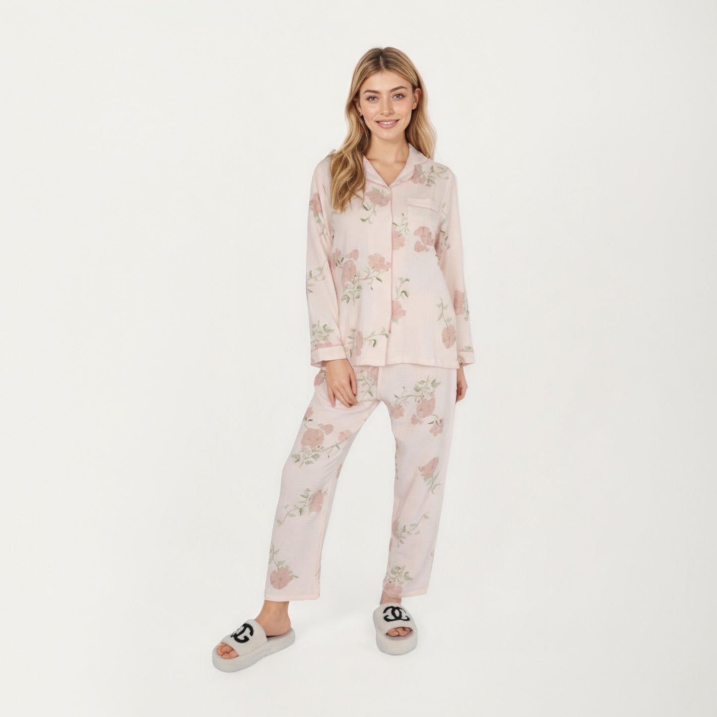 2-Piece Set Long Sleeve Button Front Pajama Top with Matching Relaxed Fit Pants Floral Print Sleepwear