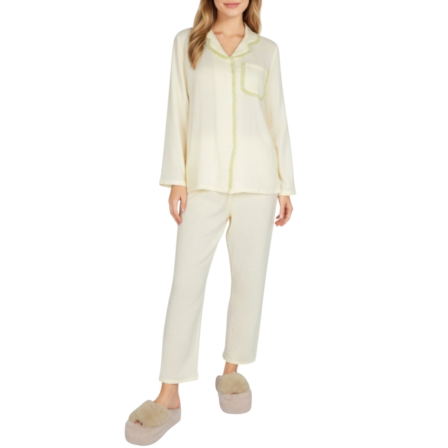 2-Piece Set Long Sleeve Button Front Pajama Top with Lace Trim Collar and Relaxed Fit Pants