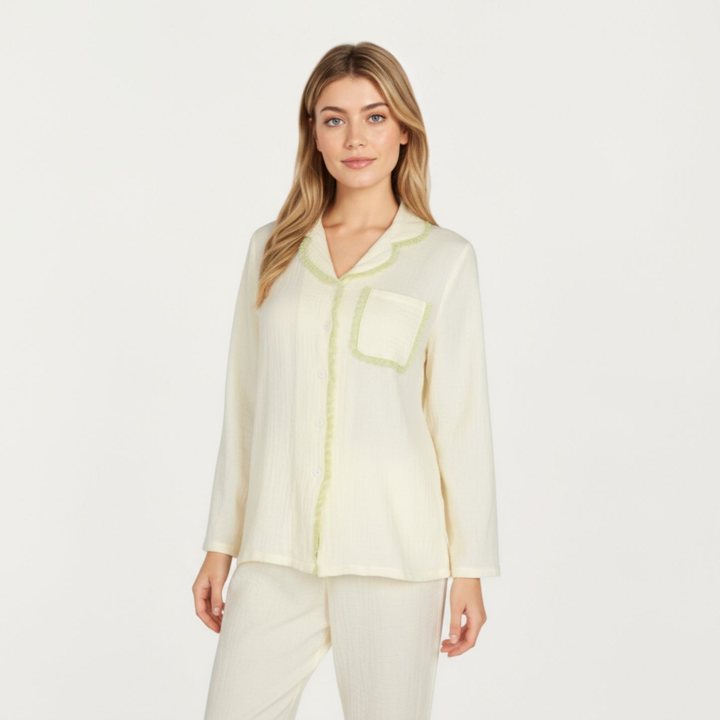 2-Piece Set Long Sleeve Button Front Pajama Top with Lace Trim Collar and Relaxed Fit Pants
