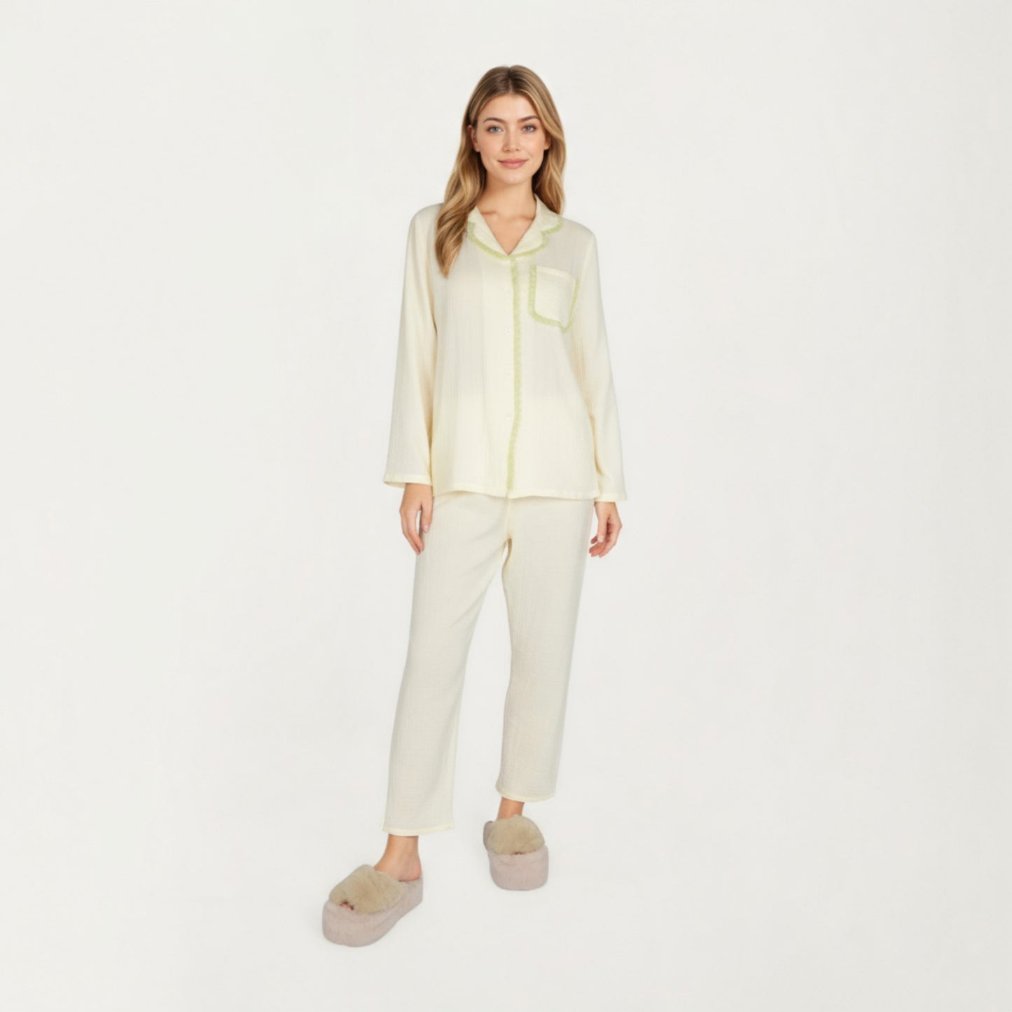 2-Piece Set Long Sleeve Button Front Pajama Top with Lace Trim Collar and Relaxed Fit Pants