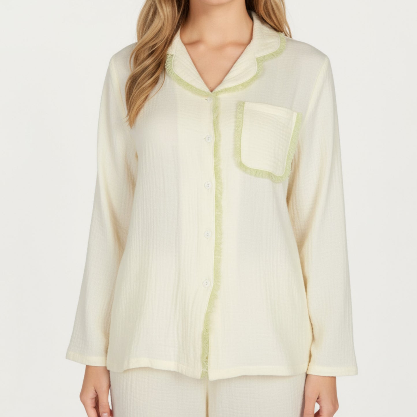 2-Piece Set Long Sleeve Button Front Pajama Top with Lace Trim Collar and Relaxed Fit Pants