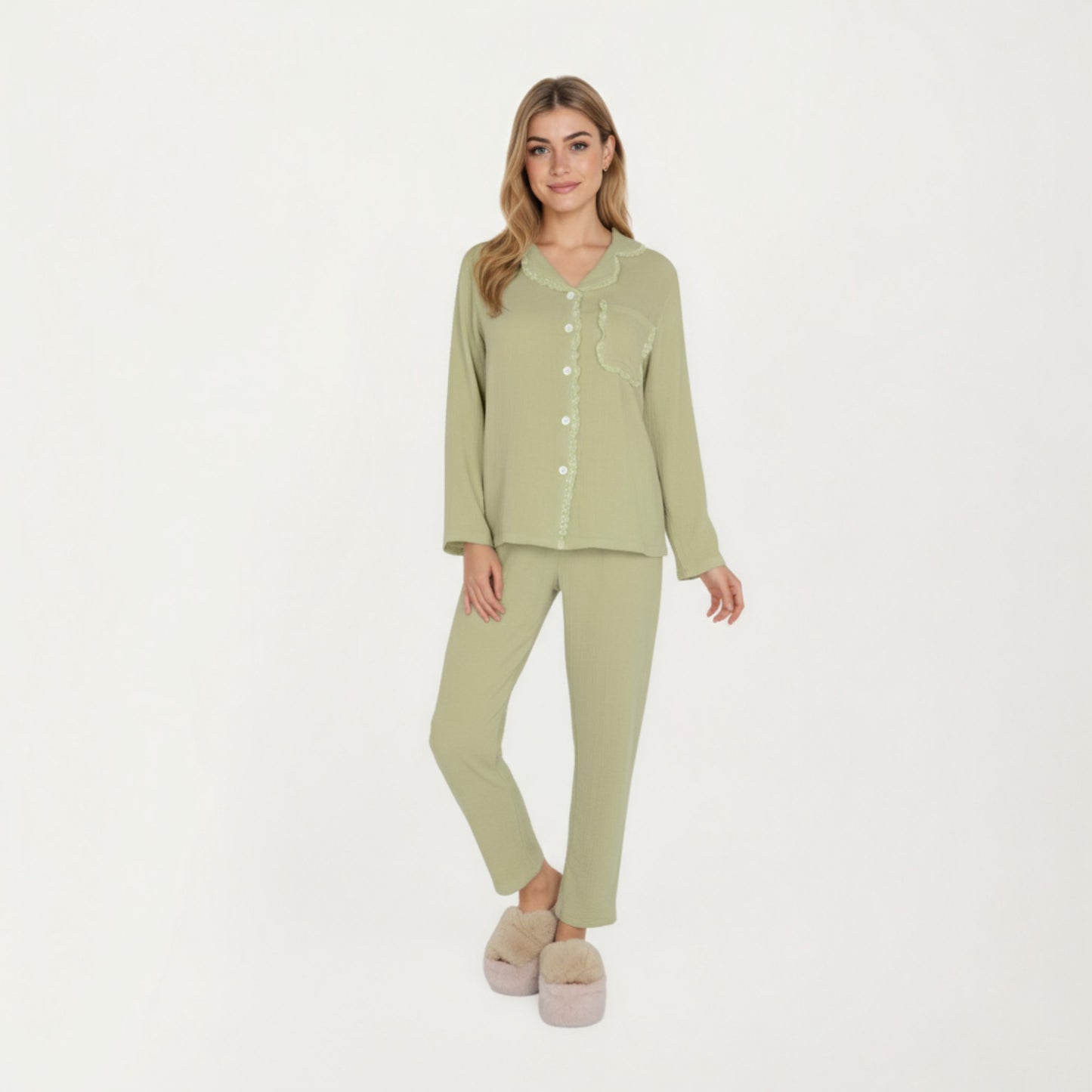 2-Piece Set Long Sleeve Button Front Pajama Top with Lace Trim Collar and Relaxed Fit Pants