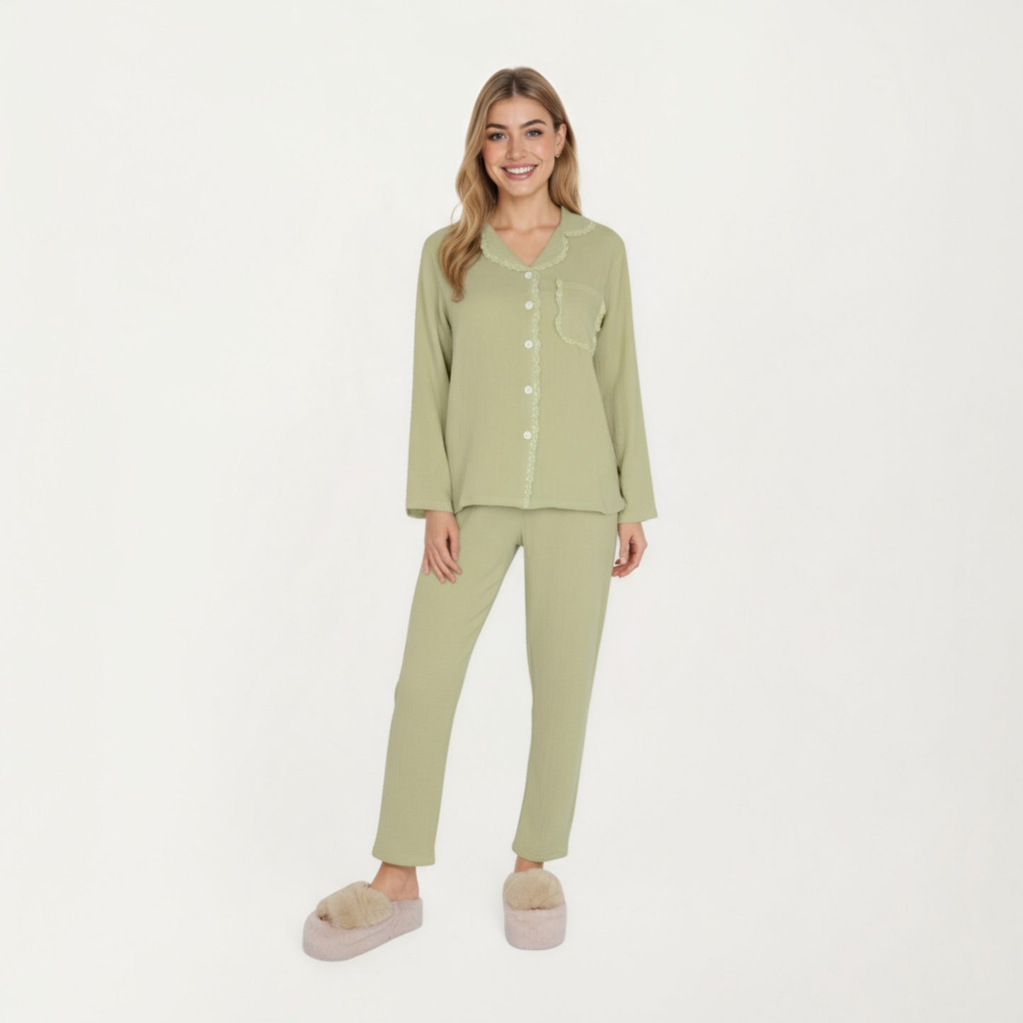 2-Piece Set Long Sleeve Button Front Pajama Top with Lace Trim Collar and Relaxed Fit Pants