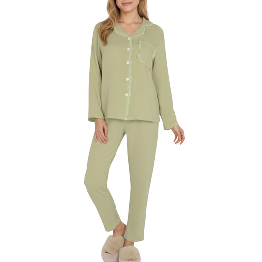2-Piece Set Long Sleeve Button Front Pajama Top with Lace Trim Collar and Relaxed Fit Pants