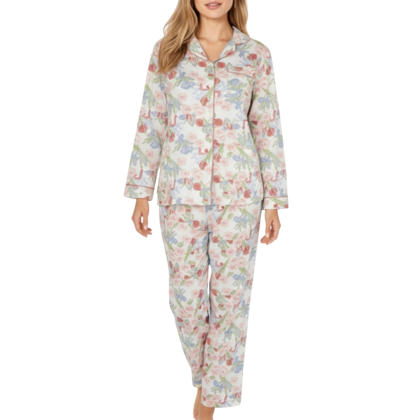 2-Piece Set Floral Print Button-Up Long Sleeve Pajama Top and Matching Pants