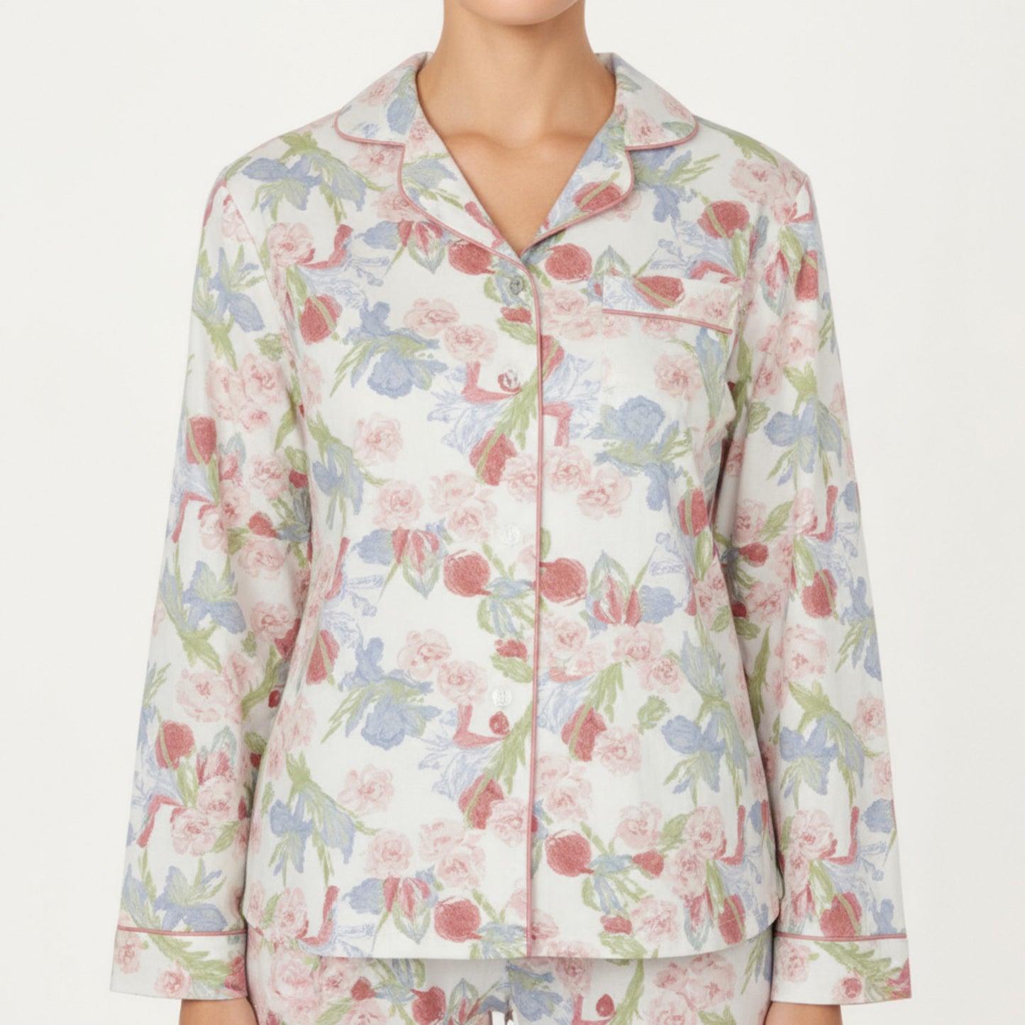 2-Piece Set Floral Print Button-Up Long Sleeve Pajama Top and Matching Pants