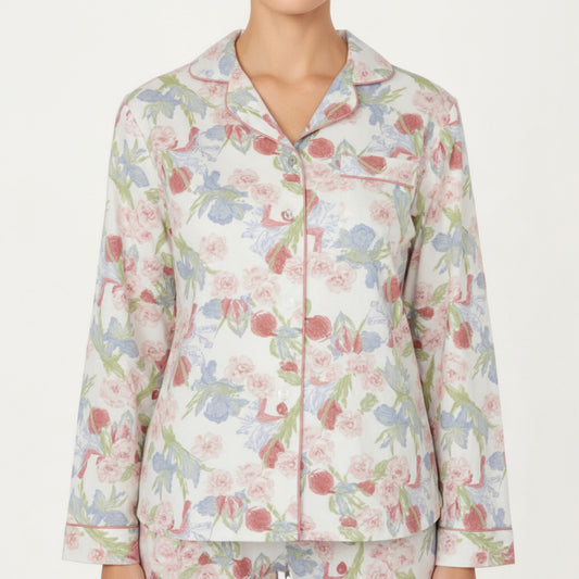 2-Piece Set Floral Print Button-Up Long Sleeve Pajama Top and Matching Pants