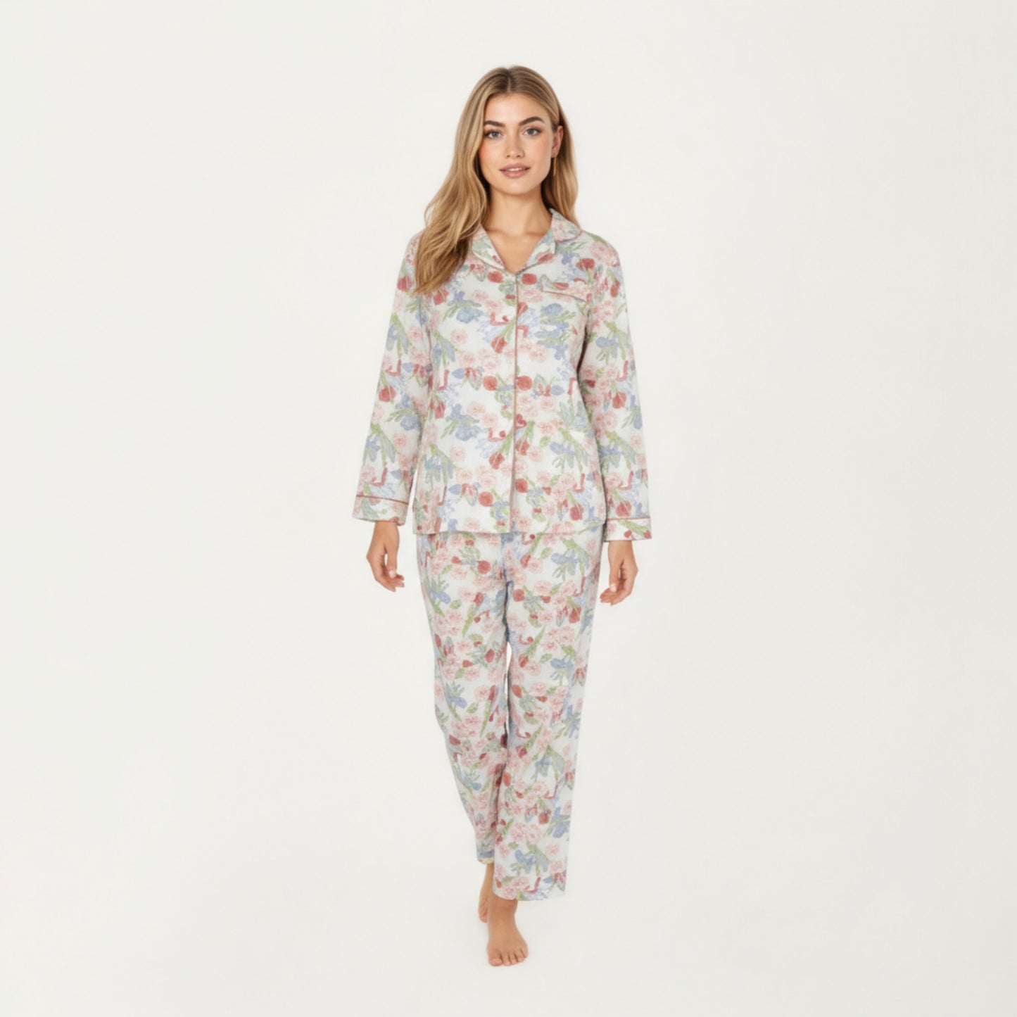 2-Piece Set Floral Print Button-Up Long Sleeve Pajama Top and Matching Pants
