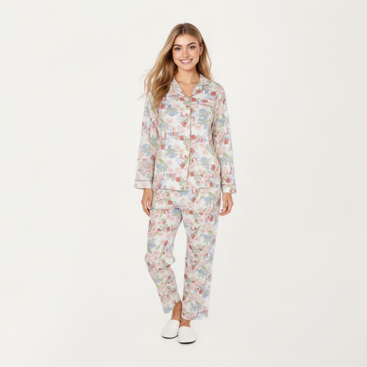 2-Piece Set Floral Print Button-Up Long Sleeve Pajama Top and Matching Pants