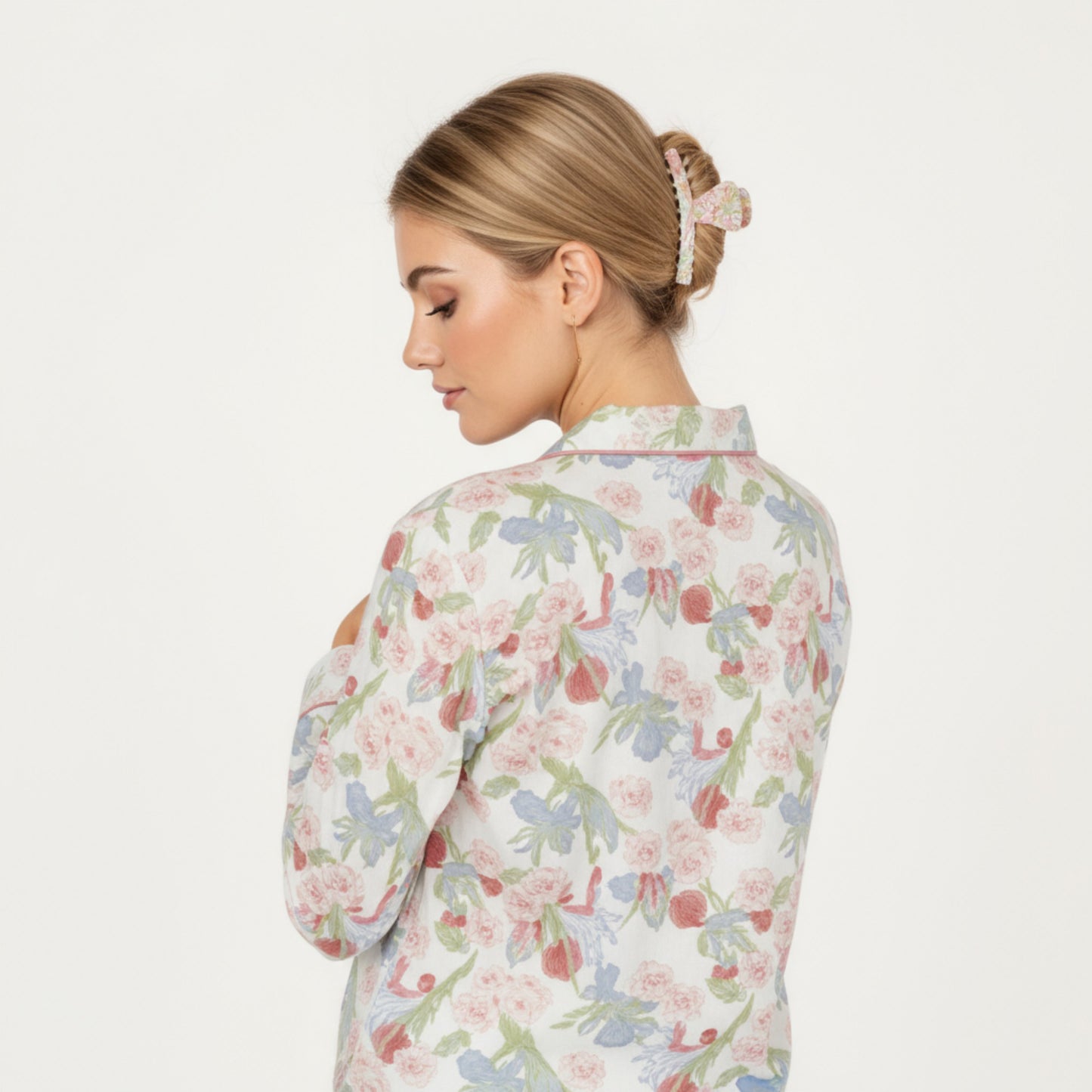 2-Piece Set Floral Print Button-Up Long Sleeve Pajama Top and Matching Pants