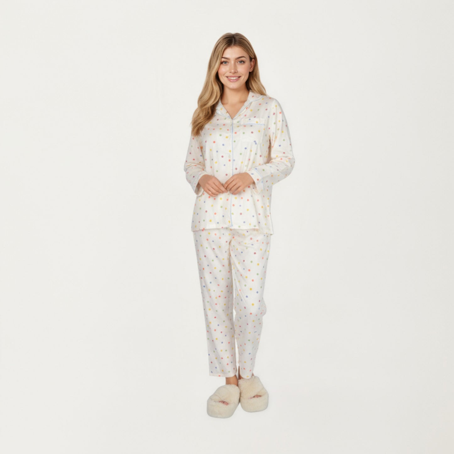 2-Piece Set Polka Dot Print Button-Up Long Sleeve Pajama Top and Matching Pants
