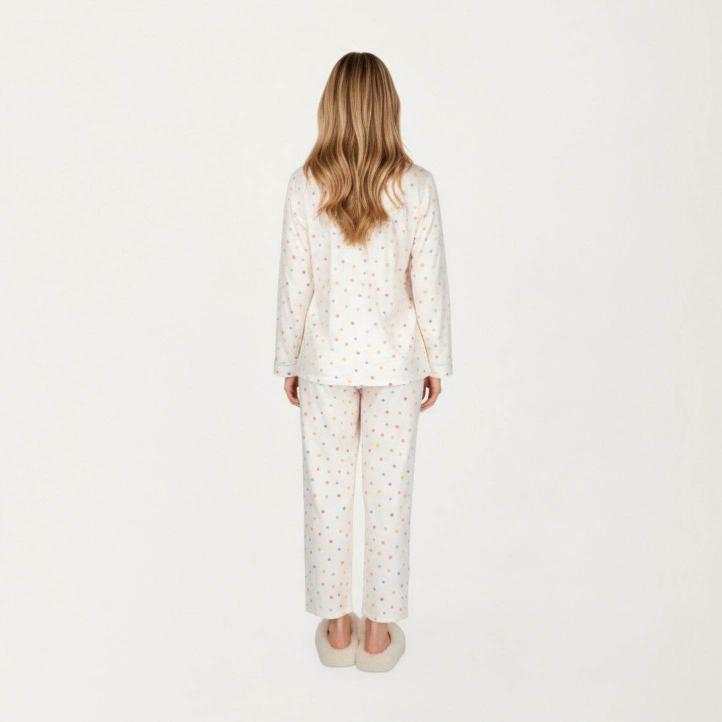 2-Piece Set Polka Dot Print Button-Up Long Sleeve Pajama Top and Matching Pants