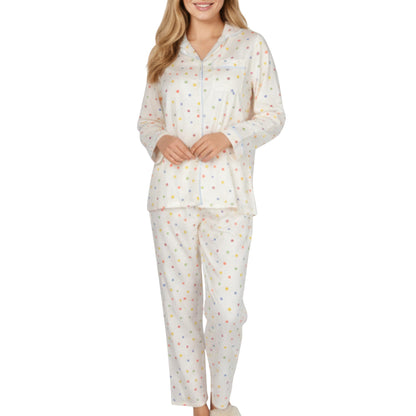 2-Piece Set Polka Dot Print Button-Up Long Sleeve Pajama Top and Matching Pants