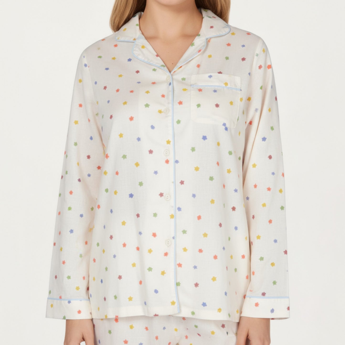 2-Piece Set Polka Dot Print Button-Up Long Sleeve Pajama Top and Matching Pants