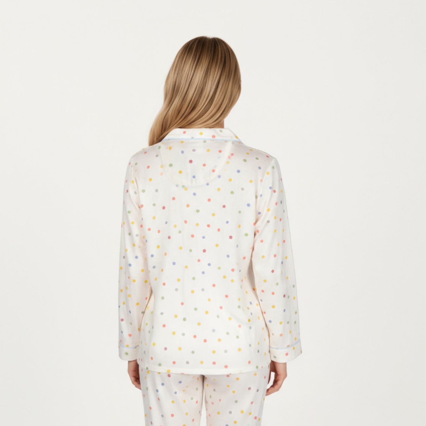 2-Piece Set Polka Dot Print Button-Up Long Sleeve Pajama Top and Matching Pants
