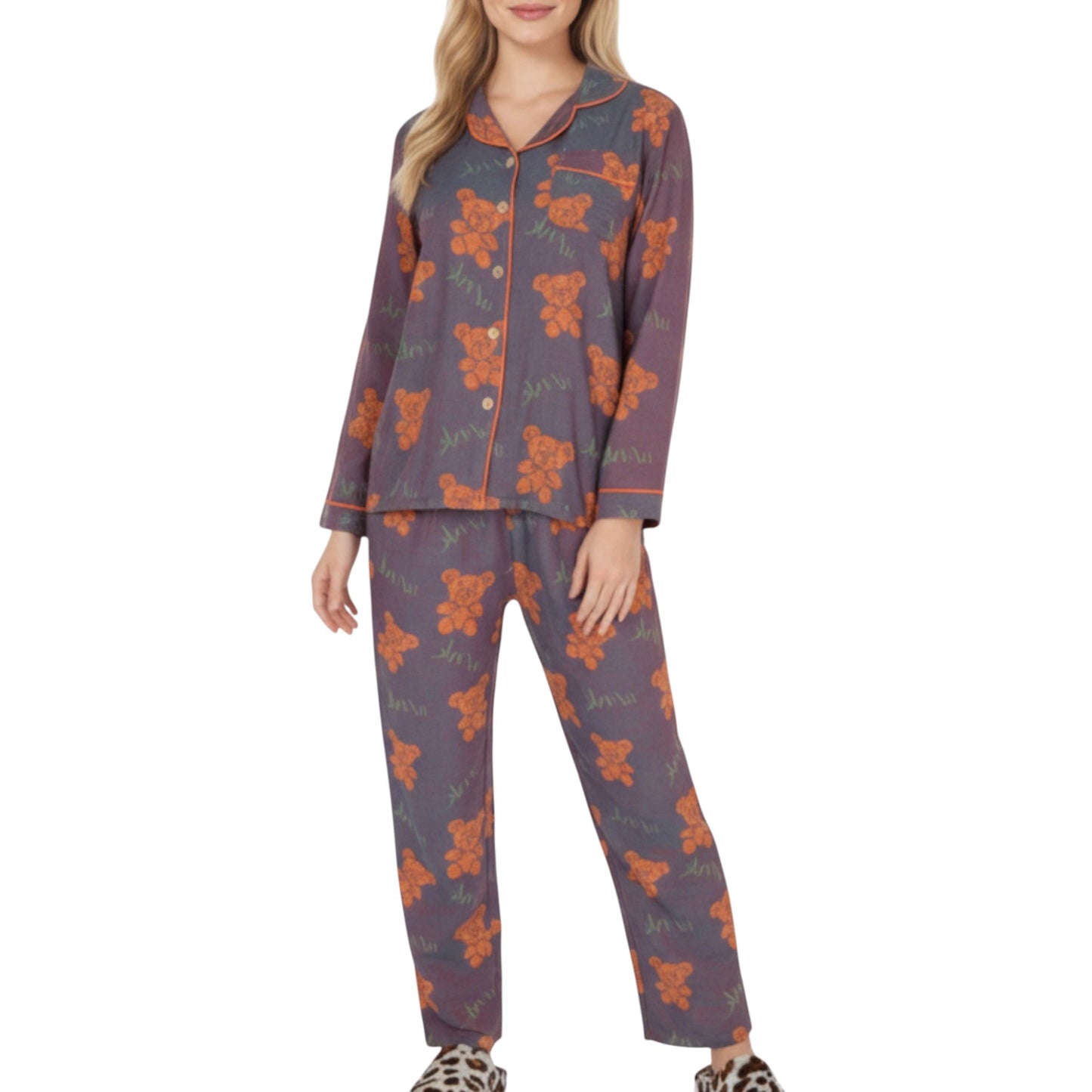 2-Piece Set Teddy Bear Print Button-Up Long Sleeve Pajama Top and Relaxed Fit Pants