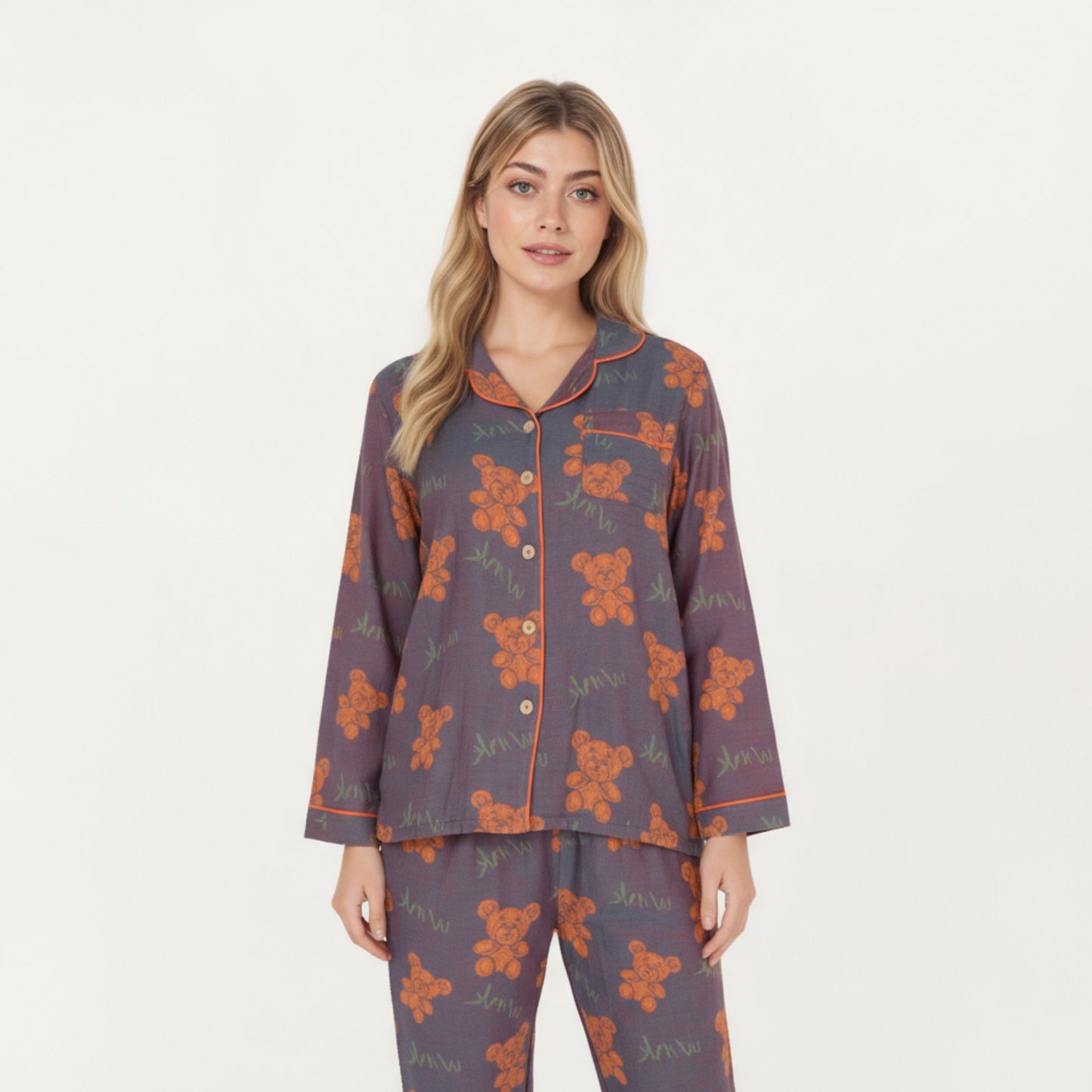 2-Piece Set Teddy Bear Print Button-Up Long Sleeve Pajama Top and Relaxed Fit Pants