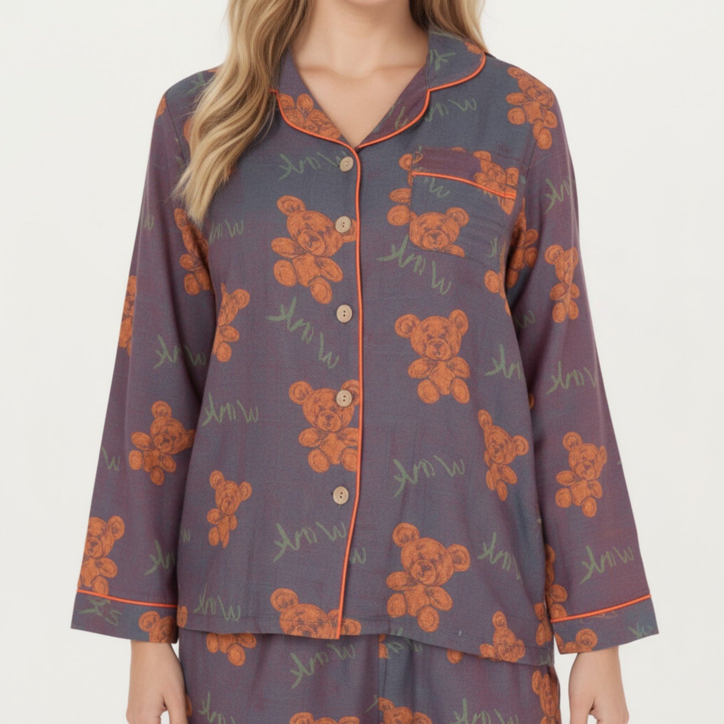 2-Piece Set Teddy Bear Print Button-Up Long Sleeve Pajama Top and Relaxed Fit Pants