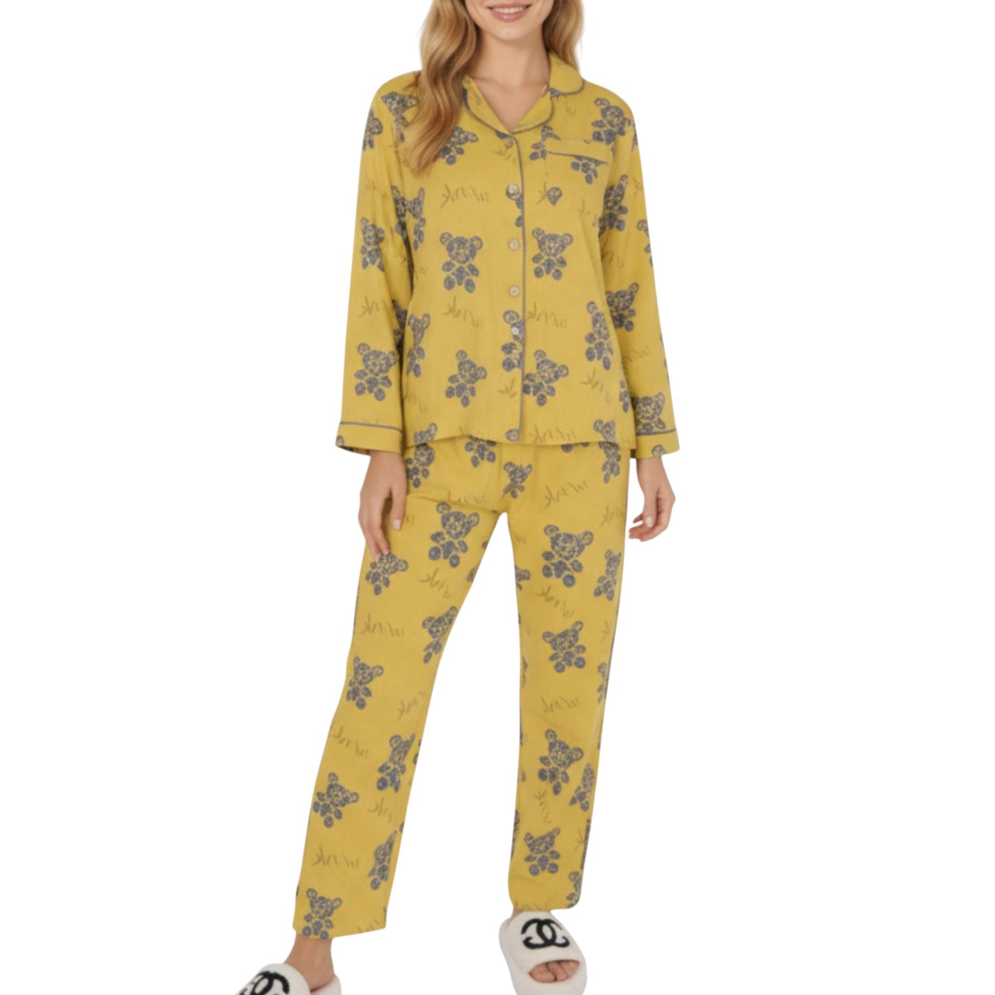 2-Piece Set Teddy Bear Print Button-Up Long Sleeve Pajama Top and Relaxed Fit Pants