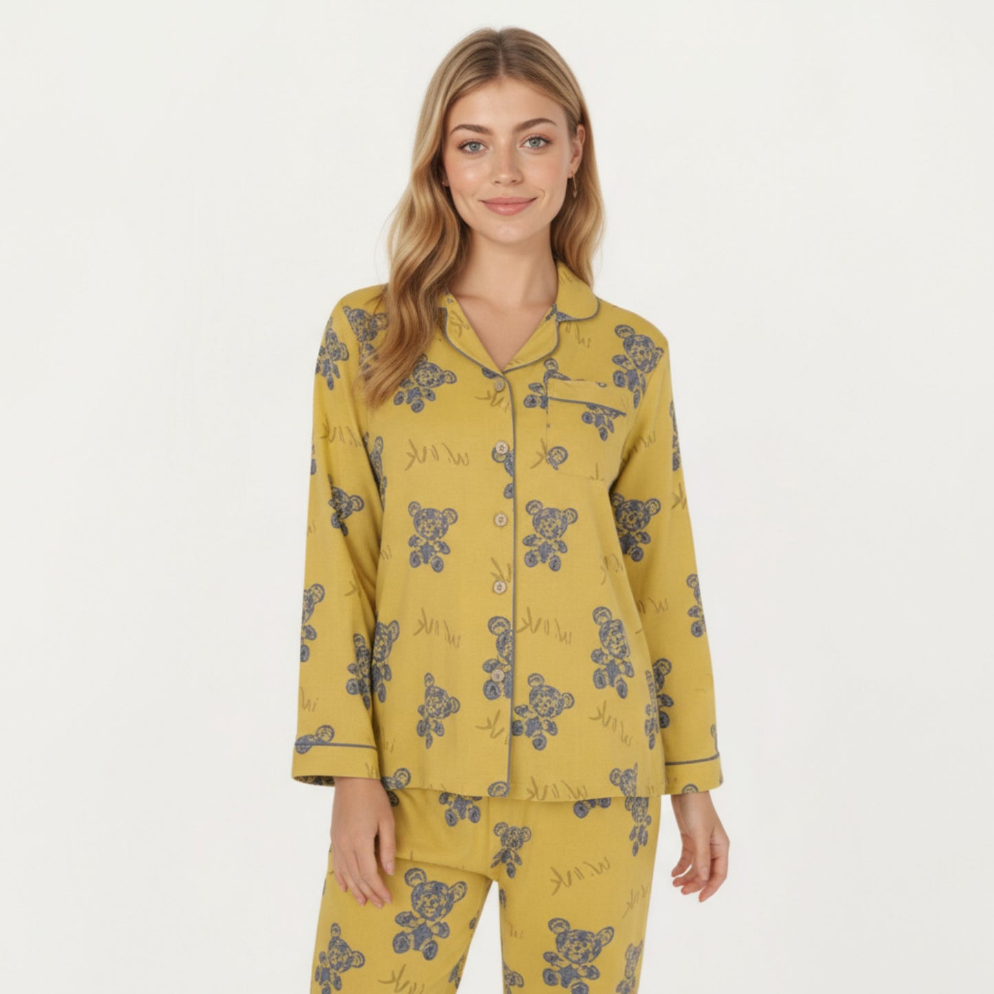 2-Piece Set Teddy Bear Print Button-Up Long Sleeve Pajama Top and Relaxed Fit Pants
