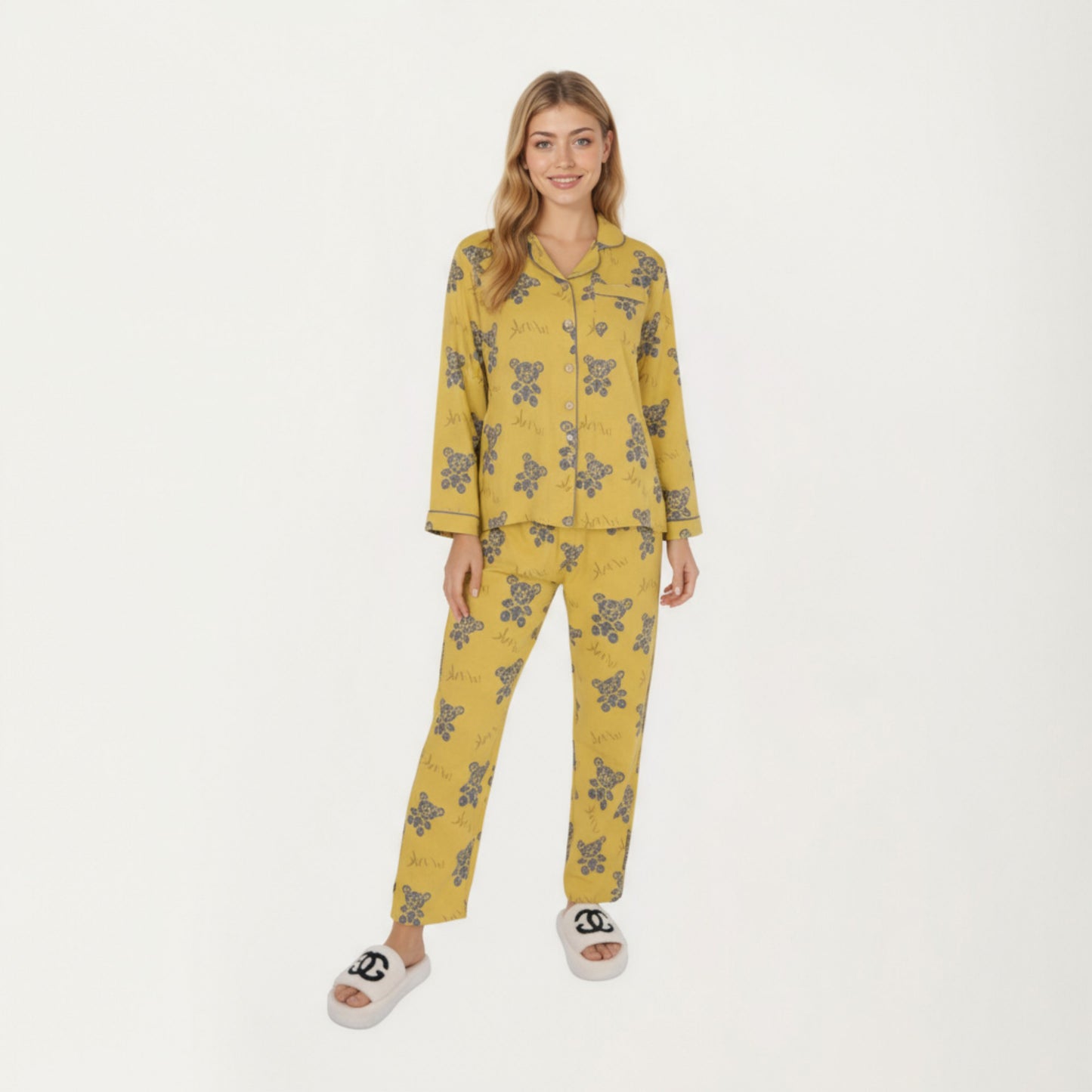 2-Piece Set Teddy Bear Print Button-Up Long Sleeve Pajama Top and Relaxed Fit Pants