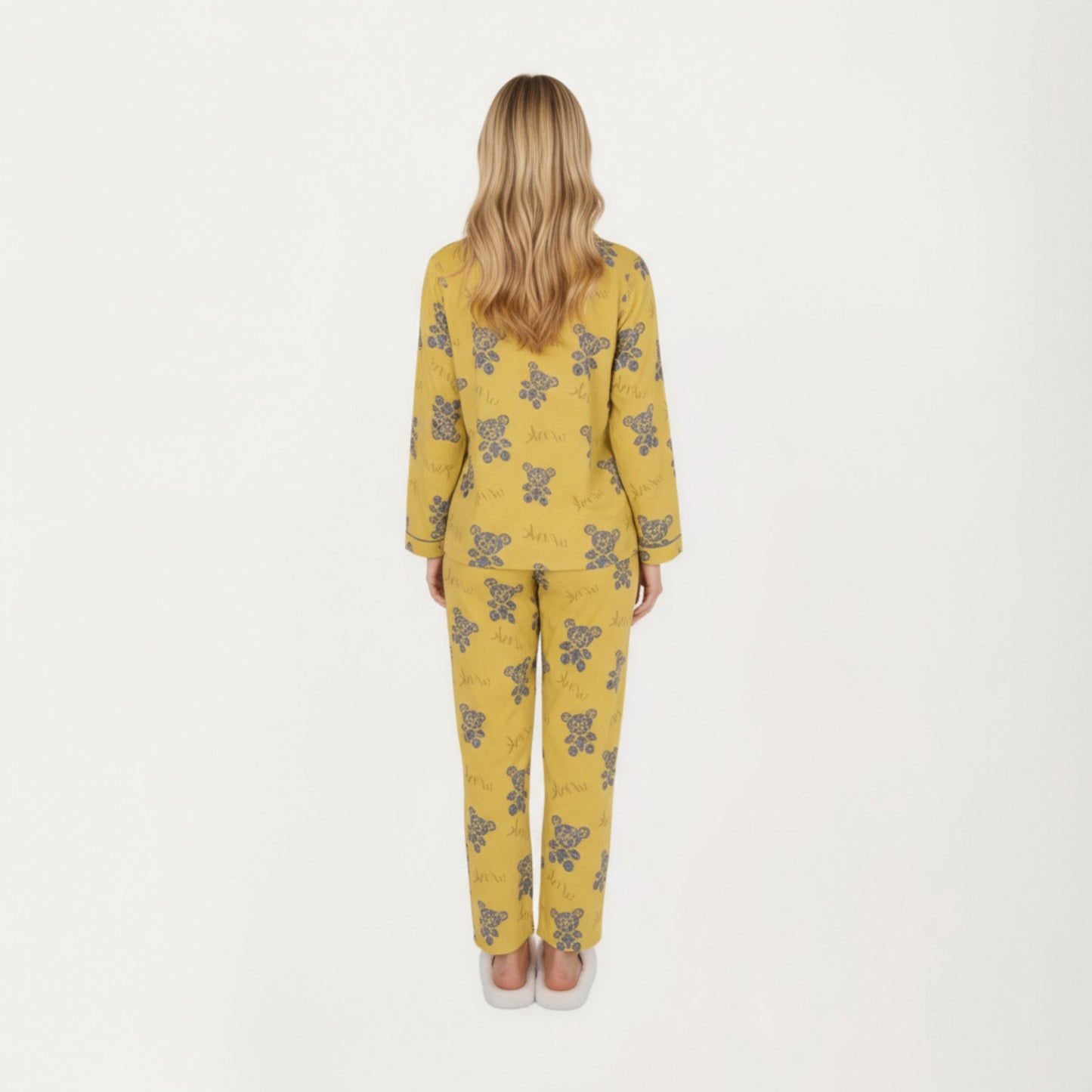 2-Piece Set Teddy Bear Print Button-Up Long Sleeve Pajama Top and Relaxed Fit Pants